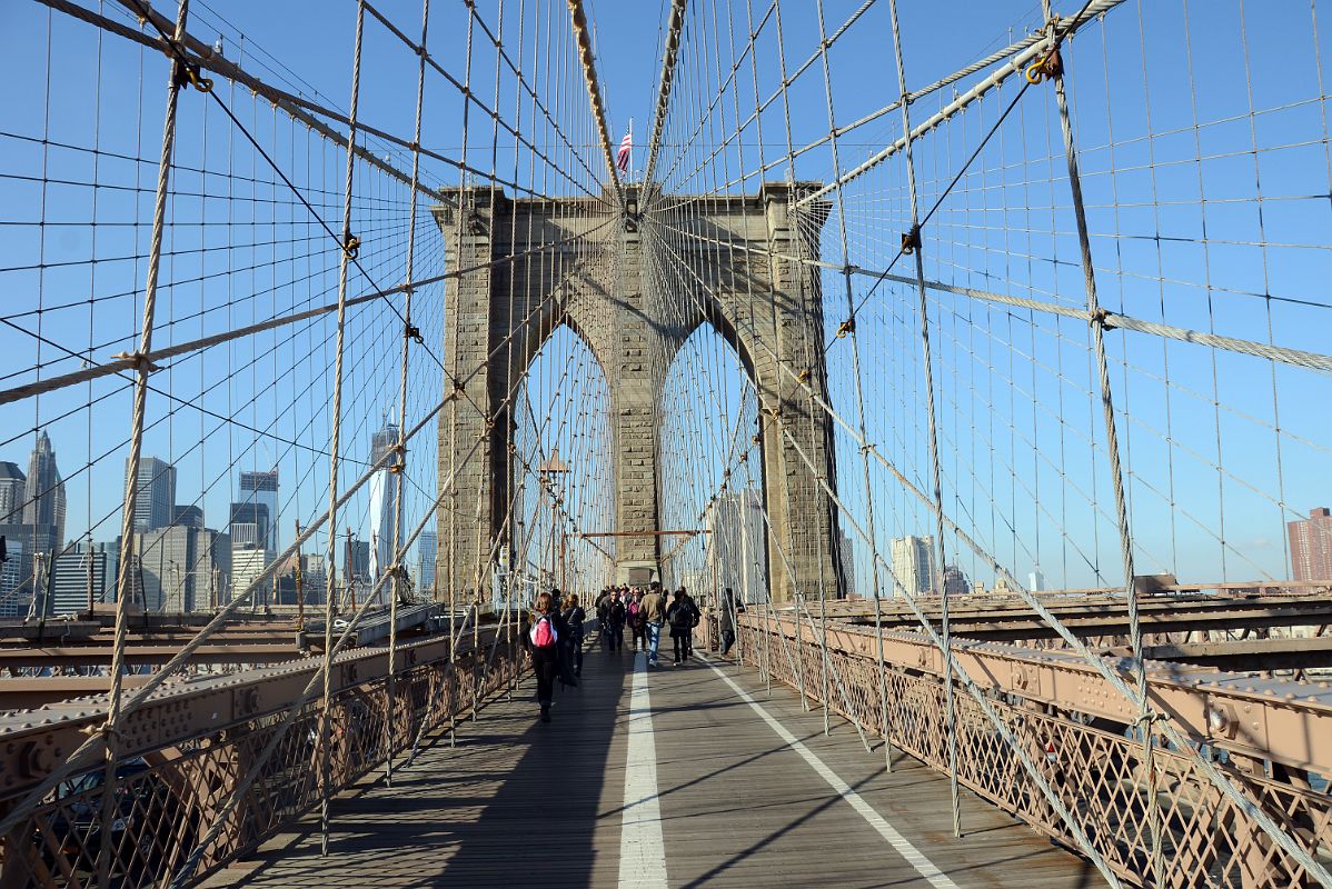 13 Spider Web Wires Lead To The First Cable Tower On The Walk Across New York Brooklyn Bridge
